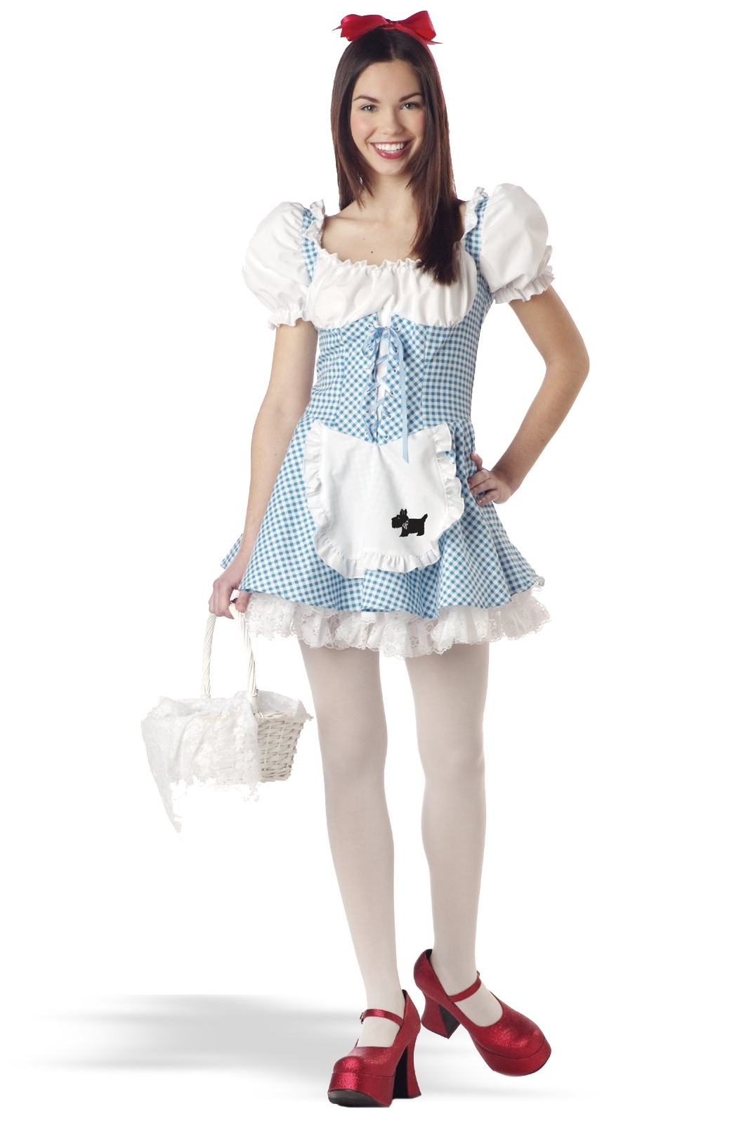 Auburn Teen Lolita wearing White Opaque Pantyhose and White and Blue Apron